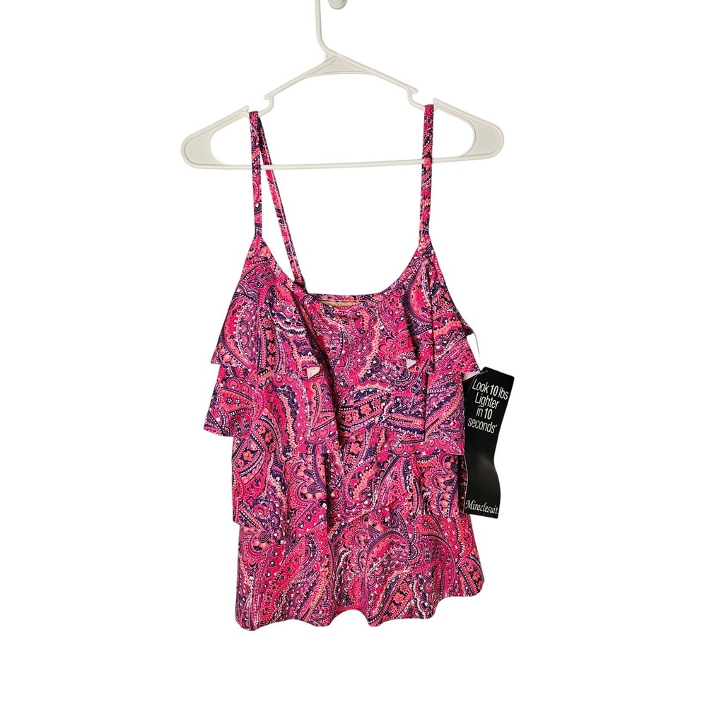 Miraclesuit Tinted Love Pink Ruffle Swim Tankini Top Womens 12 Tummy Control New